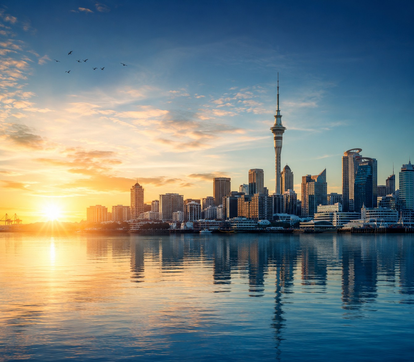 Auckland skyline at sunrise over the Waitematā Harbour